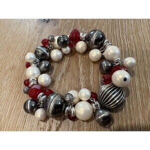 Premier Designs Vintage Margo Silver & Red Beads with Pearls Stretch Bracelet